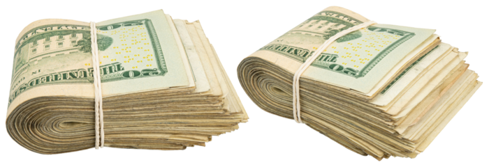 Stack of twenty American bills. Cash wad roll. Money rolled in half with rubber band. Green USA bank notes. USD banking saving 20$ bills. Paper money note. Business success. Rich. Isolated background