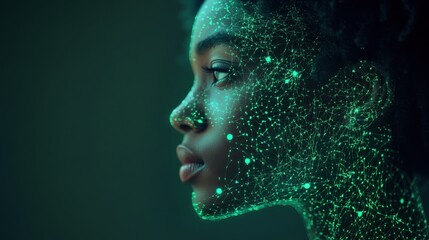 A young woman’s profile glows with digital connections, merging technology and humanity in a creative identity exploration