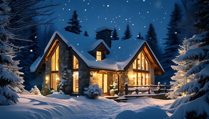 Serene winter night at a cozy cabin surrounded by snow-laden trees, with illuminated windows and gentle snowfall creating a tranquil atmosphere