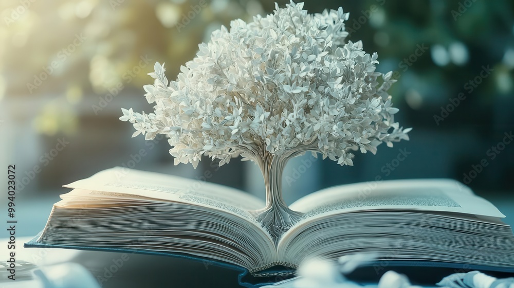 Poster magical literary growth open book with intricate paper art tree sprouting from pages symbolizing kno