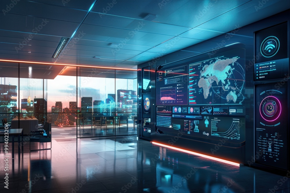 Poster modern urban office with smart iot energy management system and data visualizations