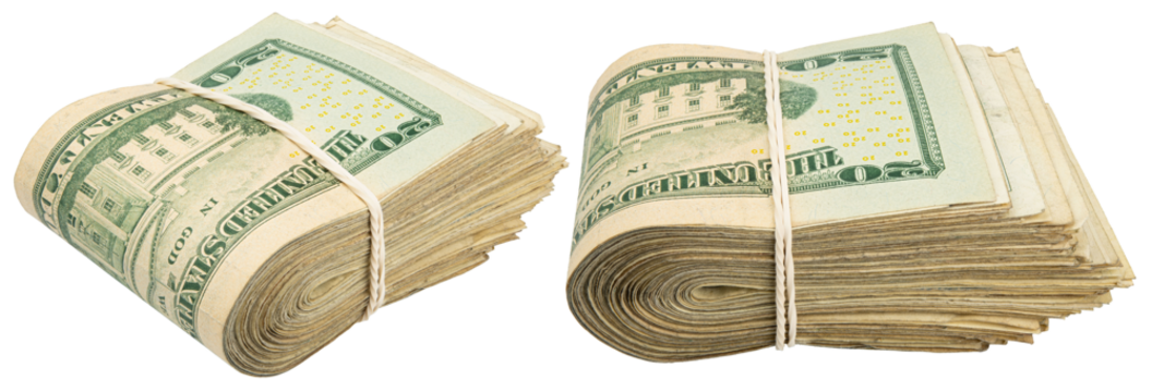 Stack of twenty American bills. Cash wad roll. Money rolled in half with rubber band. Green USA bank notes. USD banking saving 20$ bills. Paper money note. Business success. Rich. Isolated background