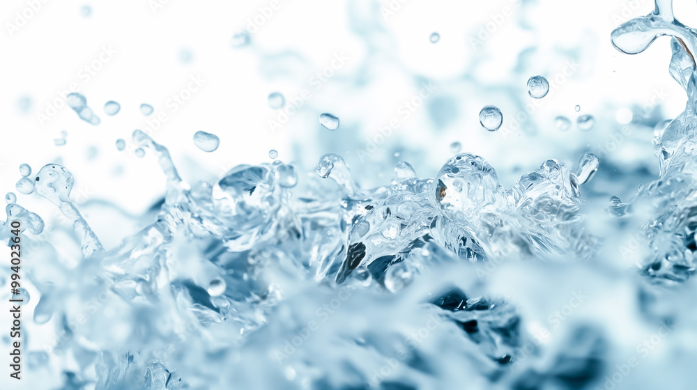 Poster a dynamic display of water splashes in various sizes, capturing light and movement, creating an enga