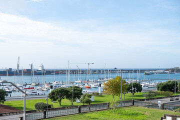 View over promenade and marina in Ponta Delgada city, Sao Miguel island, the capital of Azores islands.
