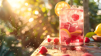 A glass of raspberry lemonade sits on a wooden table with a few raspberries