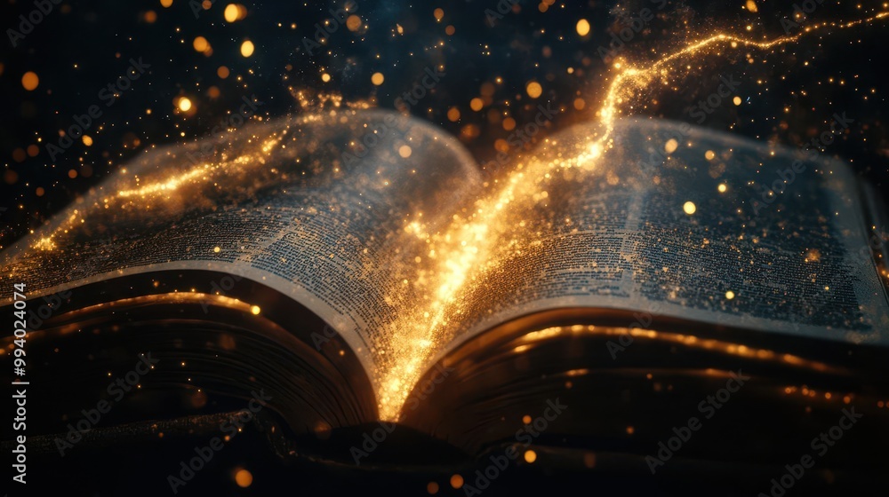 Poster magical tendrils of light and stardust emerging from open antique book symbolizing the power of imag