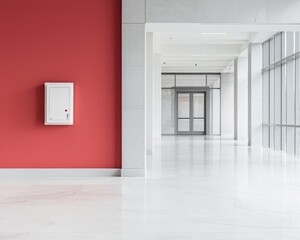 Fototapeta premium A modern interior scene featuring a bright red wall, a white mailbox, sleek glass doors, and a spacious, light-filled hallway.