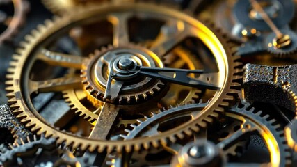 Close up of intricate clockwork gears showcasing precision mechanics, highlighting craftsmanship and movement in a detailed industrial aesthetic