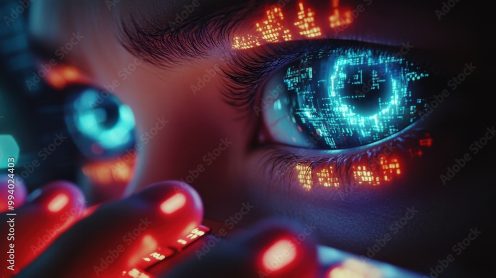 Poster exploring the digital realm through a futuristic eye, illuminated with vibrant data streams at night
