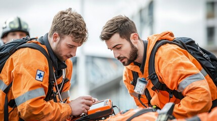 Two rescue workers in orange uniforms collaborate on a task, using a device, showcasing teamwork and professionalism in a challenging environment.