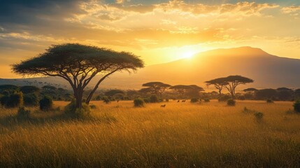 Obraz premium majestic african savanna landscape at golden hour featuring acacia trees roaming wildlife and a distant mountain silhouette
