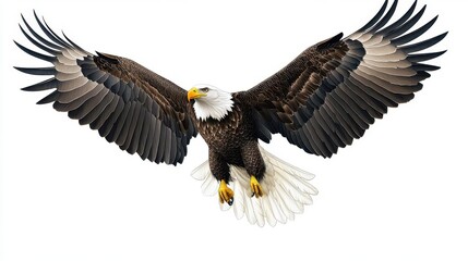 Fototapeta premium majestic bald eagle in midflight against pure white background detailed illustration captures spread wings piercing gaze and regal posture embodying freedom and american symbolism