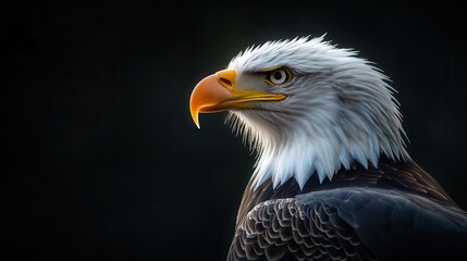 Obraz premium majestic bald eagle profile with american flag feather pattern patriotic theme sharp detail dramatic lighting symbol of freedom