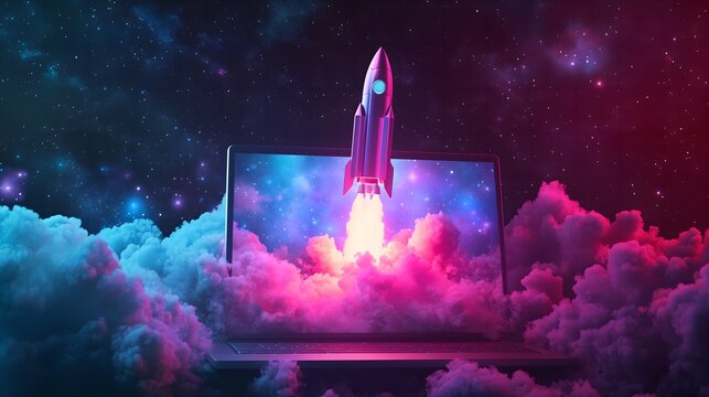prosperous internet business on the internet. Sales soaring, e-commerce expanding quickly. Blue background with a rocket emerging from the laptop screen