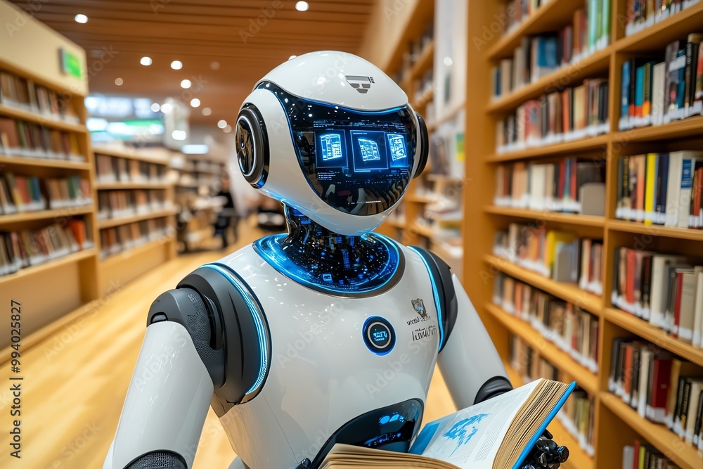 Poster a futuristic library where ai-powered robots assist with finding books, guiding visitors through the