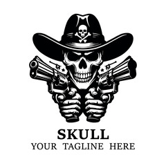 Skull aiming with two revolvers on white background