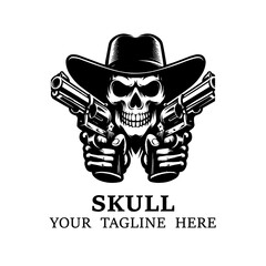 Skull aiming with two revolvers on white background