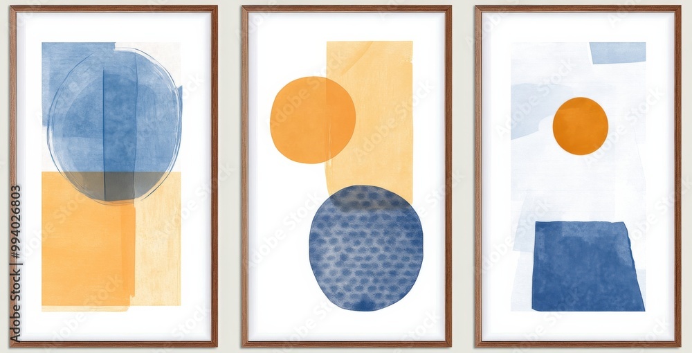 Poster hree vertical framed prints featuring abstract compositions in blue and yellow tones arranged in a g