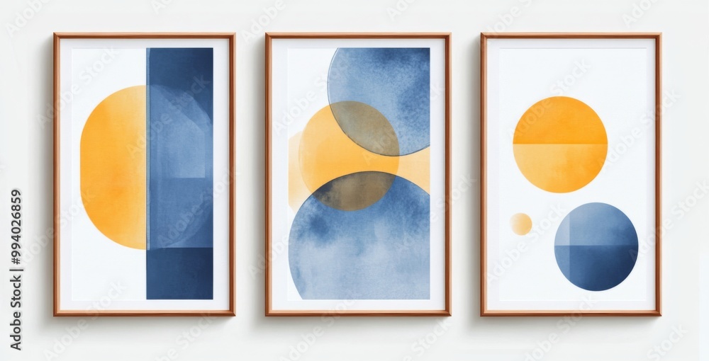 Poster hree vertical framed prints featuring abstract compositions in blue and yellow tones arranged in a g