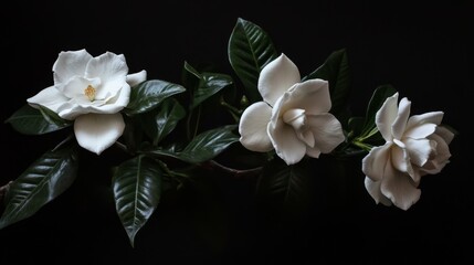 Obraz premium Three white gardenia flowers with green leaves on a black background.