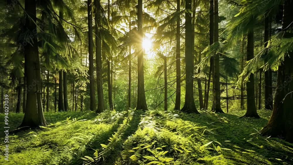 Poster sunlight streams through the trees in a lush green forest