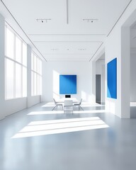 empty room with blue windows and wall. 3d render of a modern office room white color and blue color accent. modern office interior with office