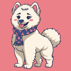 Cute and adorable white samoyed dog on scarf illustration
