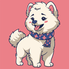 Cute and adorable white samoyed dog on scarf illustration