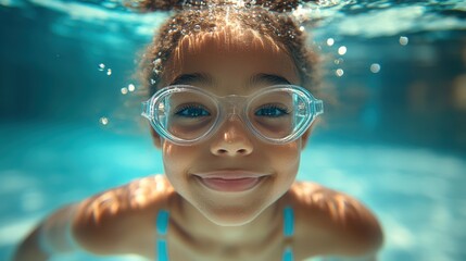 Fototapeta premium A joyful girl with goggles smiles underwater in a bright pool during a sunny afternoon, capturing a moment of pure childhood bliss