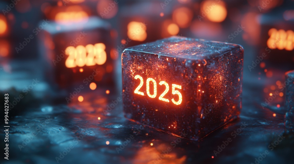 Poster Ice blocks illuminated with glowing numbers mark the year 2025 in a futuristic setting featuring sparkling lights and atmospheric effects