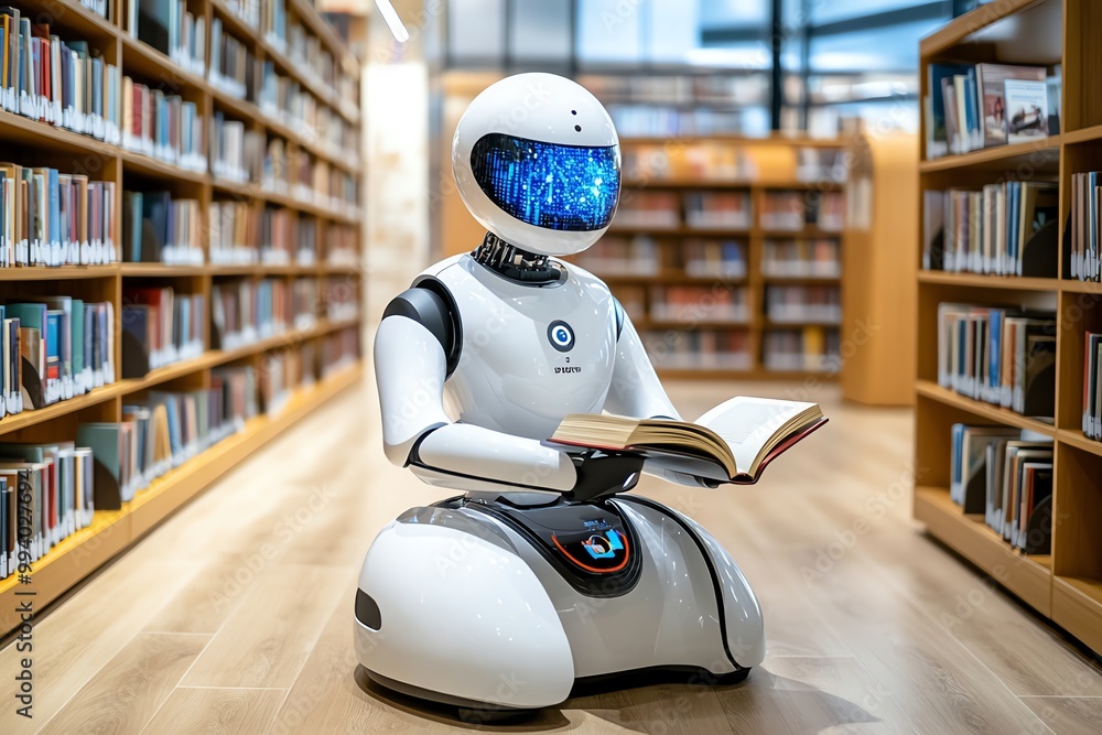 Poster a futuristic library where ai-powered robots assist with finding books, guiding visitors through the