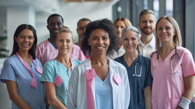 Healthcare Team in Pink Ribbons for Breast Cancer Awareness in Hospital Lobby