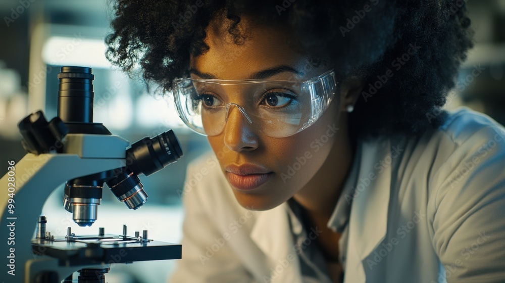 Poster focused scientist examines samples under a microscope in a modern laboratory during evening hours