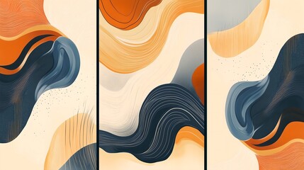 A set of three abstract art vector illustrations. Creative minimalist hand drawn vector illustration, vector design for wall decor, wallpaper, poster, card, mural, carpet, hanging, print