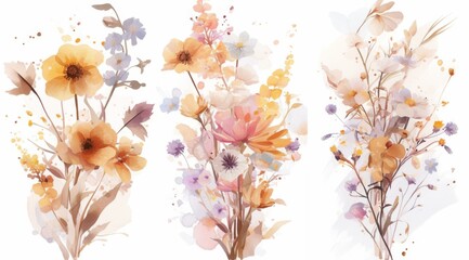 Three vertically framed watercolor flower designs in various colors and sizes against a pristine white background