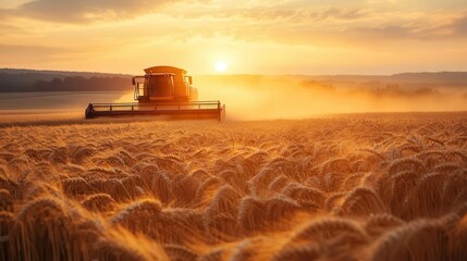Fototapeta premium majestic golden wheat field at sunset combine harvester in action dust billowing warm orange light
