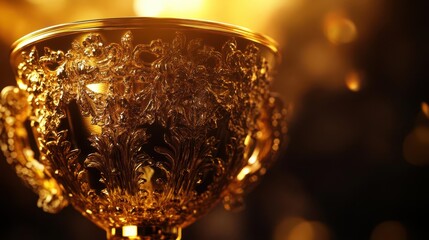 majestic golden trophy with intricate engravings gleaming under dramatic spotlight rich textures reflective surfaces and a sense of prestige and accomplishment