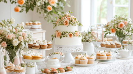 Elegant wedding dessert table adorned with floral decorations