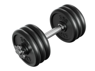 Black adjustable dumbbell, weightlifting gym equipment, side view. Png clipart isolated on transparent background	