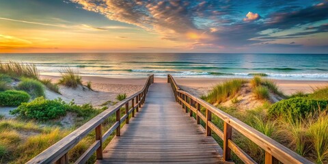 Obraz premium - Seaside Solace: Peaceful boardwalk and secluded beach, muted tones, calming ocean sounds, serene retreat