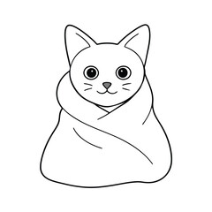 Cute kitten wrapped in a blanket, flat vector style with soft pastel colors and cozy details.