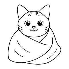 Cute kitten wrapped in a blanket, flat vector style with soft pastel colors and cozy details.