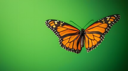 Fototapeta premium A vibrant Monarch butterfly gracefully soaring against a green backdrop.