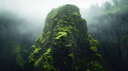 majestic mosscovered monolith towering natural rock formation intricate patterns of verdant moss and lichen ethereal mist swirling soft diffused light miniature ecosystem