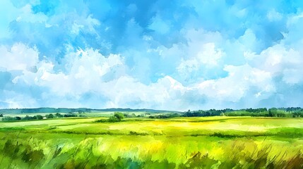 Vibrant countryside fields stretching into the horizon, painted with fluid watercolor brush strokes