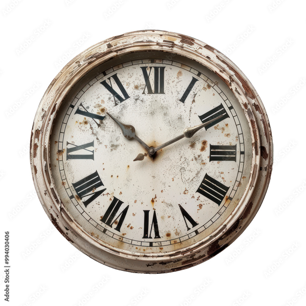 Poster old clock face with roman numerals showing seven o'clock on white background