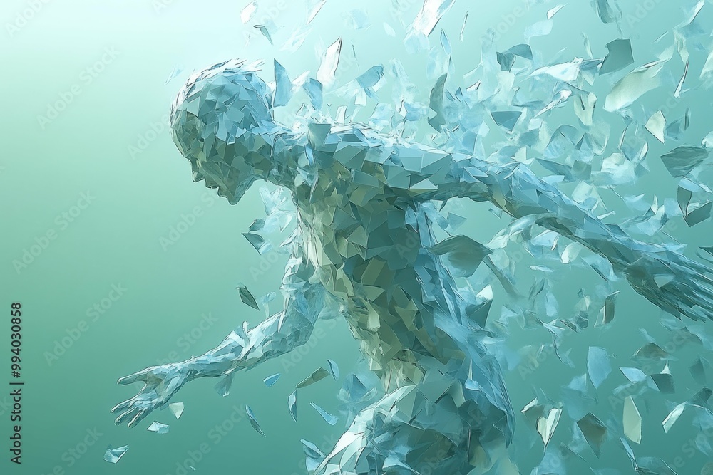 Poster data flow visualization. abstract human figure dissolving into fragments, digital art for technology