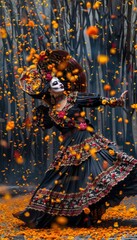Fototapeta premium Vibrant La Catrina Dancing Amidst Floating Marigold Petals - Perfect for Event Invites and Decorations