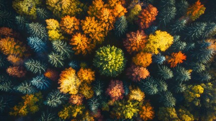 Obraz premium A vibrant aerial view of an autumn forest, with trees displaying hues from deep greens to bright yellows and oranges