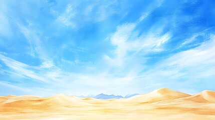 Fototapeta premium Desert dunes under a bright blue sky, watercolor strokes emphasizing the vastness